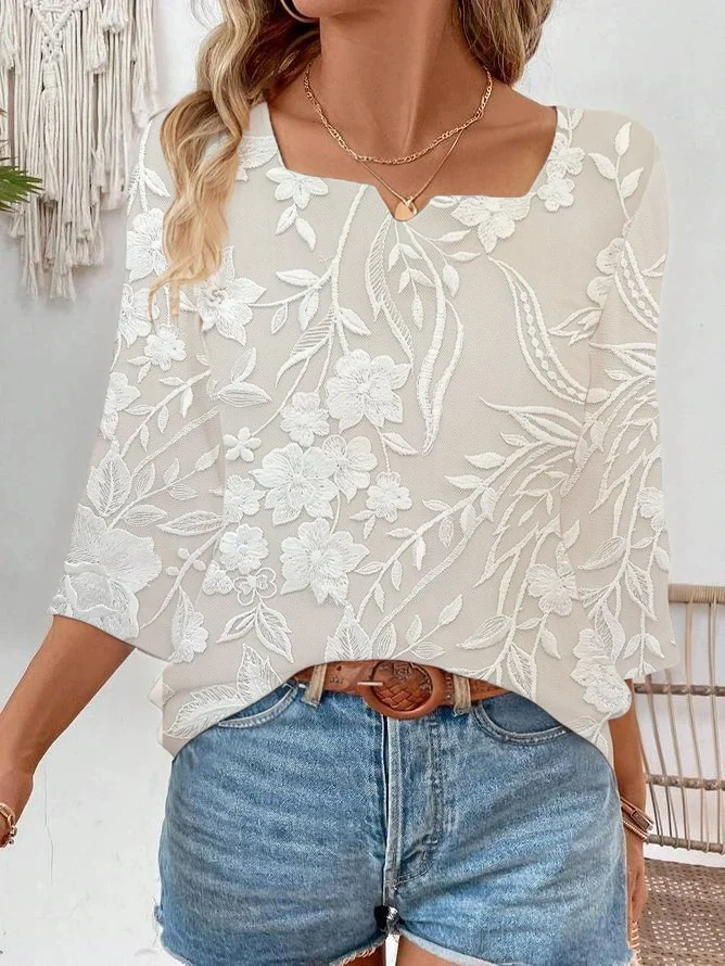 Women Floral Three Quarter Sleeve Blouse Spring/Fall Printing Notched Daily Casual Top