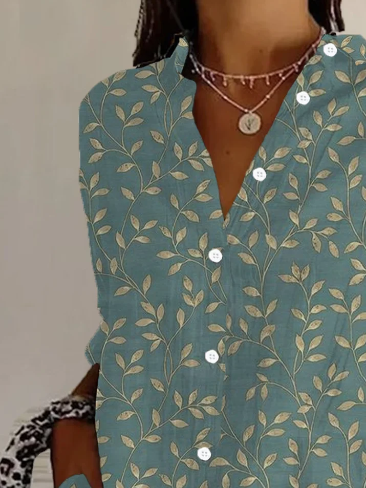 Women Floral Long Sleeve Shirt Spring/Fall Buckle Shirt Collar Daily Casual Top