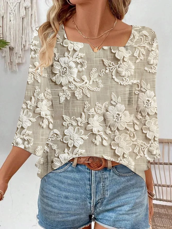 Women Floral Three Quarter Sleeve Blouse Spring/Fall Printing Notched Daily Casual Top