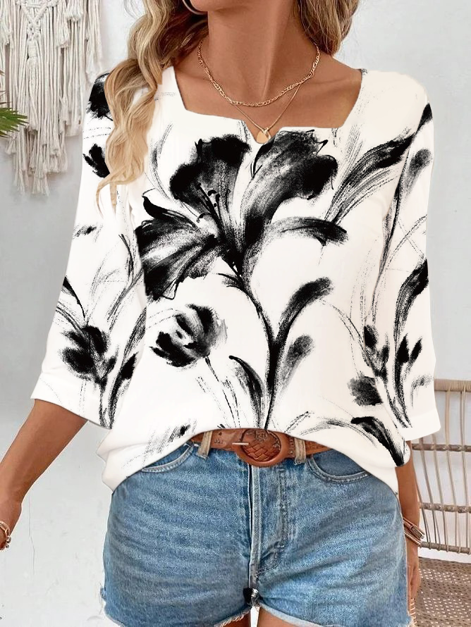 Women Floral Three Quarter Sleeve Blouse Spring/Fall Printing Notched Daily Casual Top