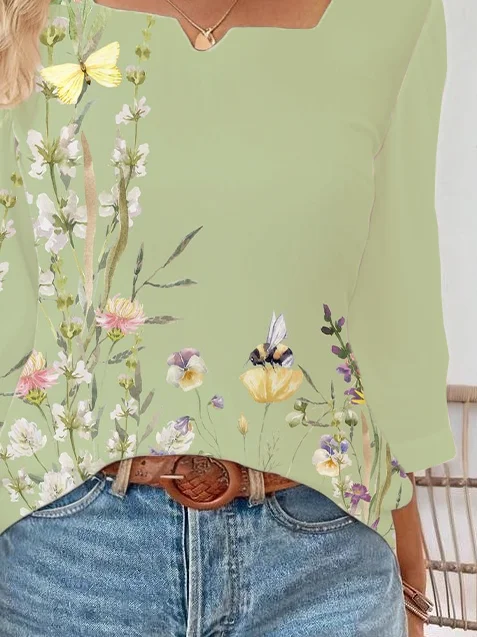 Women Floral Three Quarter Sleeve Blouse Spring/Fall Printing Notched Daily Casual Top