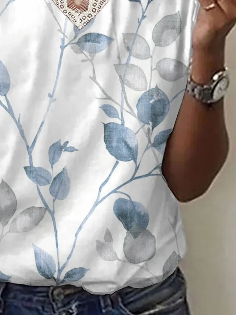 Women Floral Short Sleeve Tee T-shirt V Neck Printing Casual Summer Graphic Tee Top