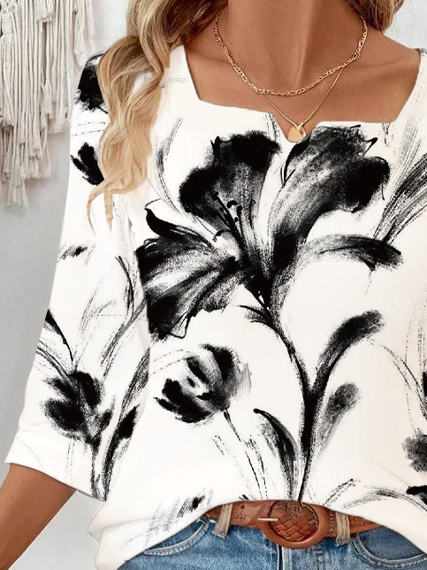 Women Floral Three Quarter Sleeve Blouse Spring/Fall Printing Notched Daily Casual Top