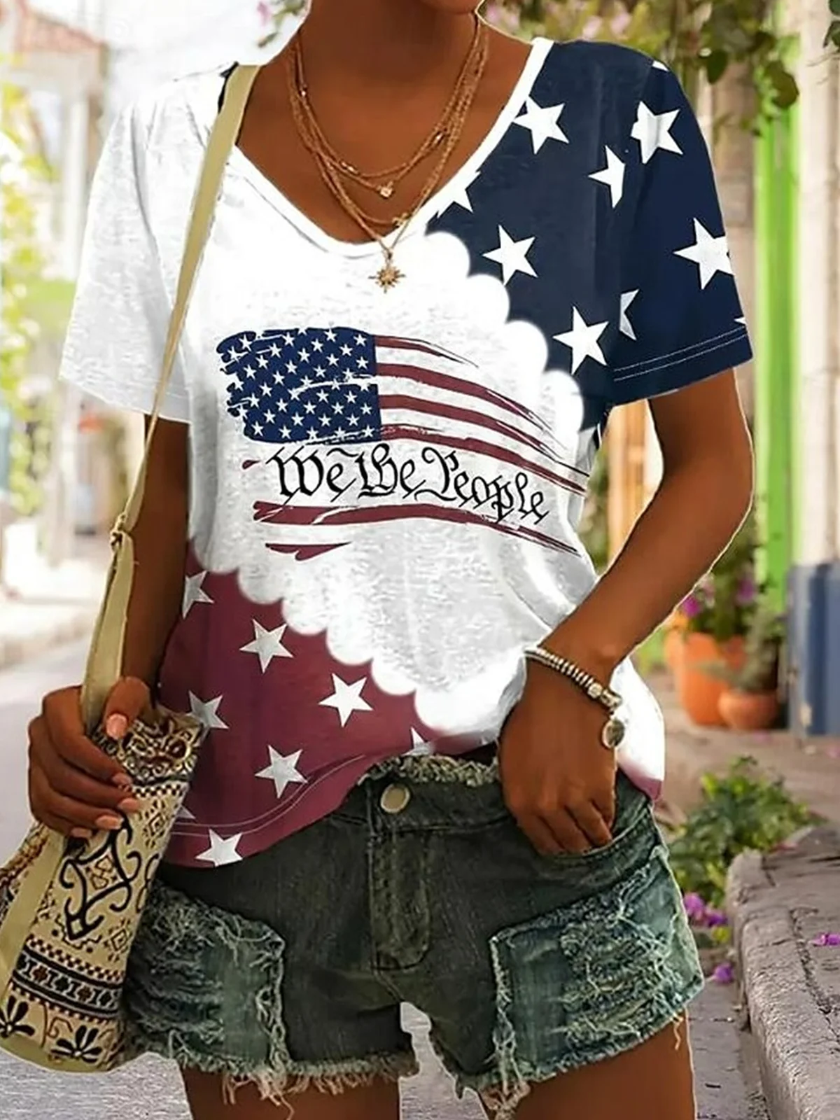 Women America Flag Short Sleeve Tee T-shirt V Neck Casual Summer Top