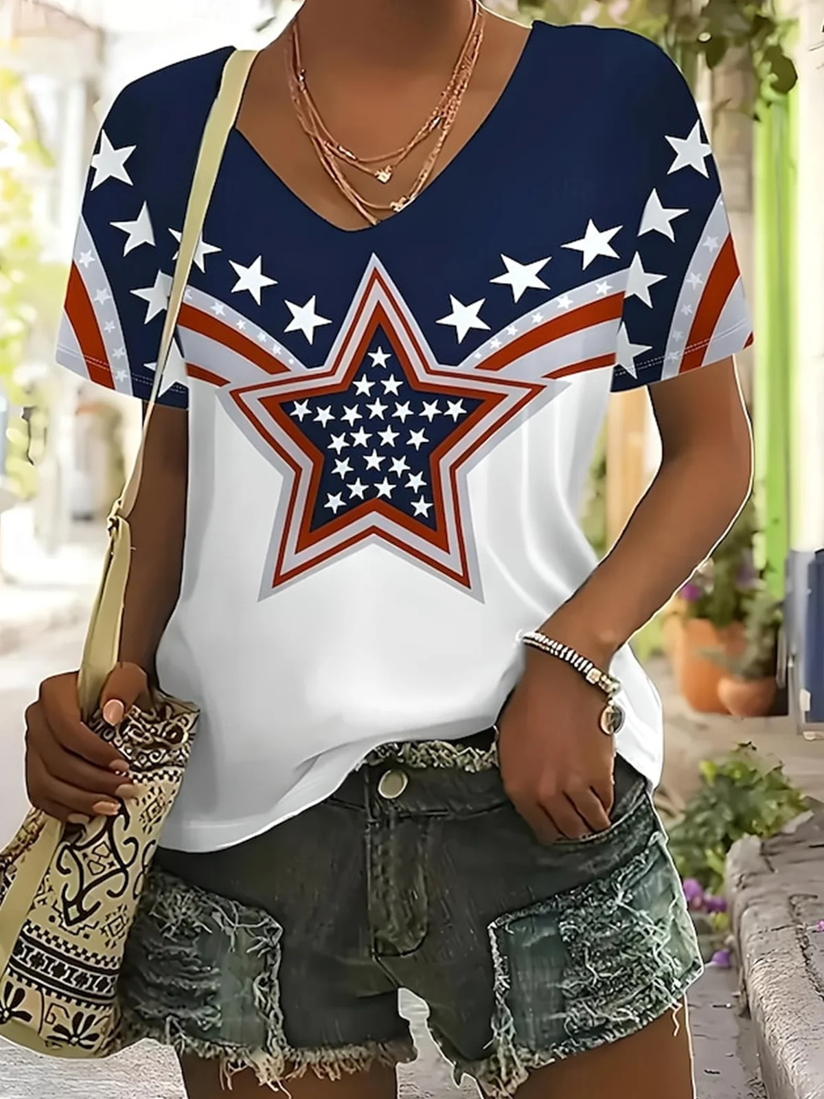 Women America Flag Short Sleeve Tee T-shirt V Neck Casual Summer Top