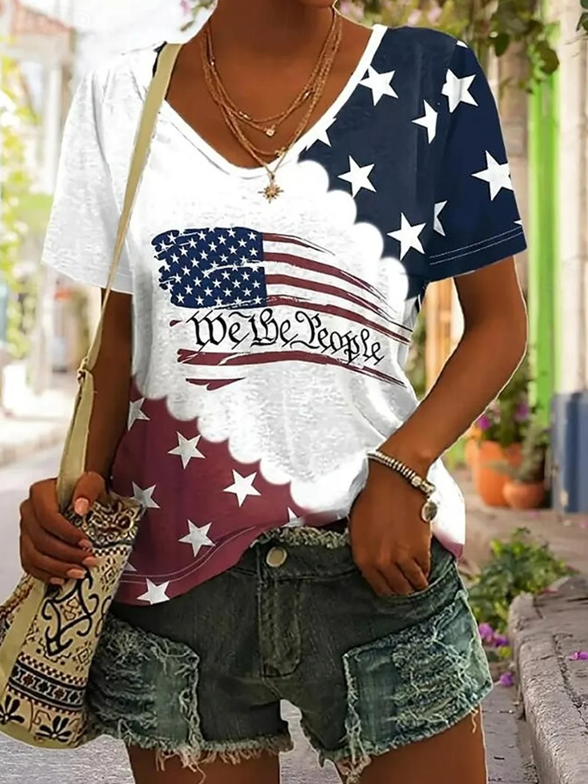 Women America Flag Short Sleeve Tee T-shirt V Neck Casual Summer Top