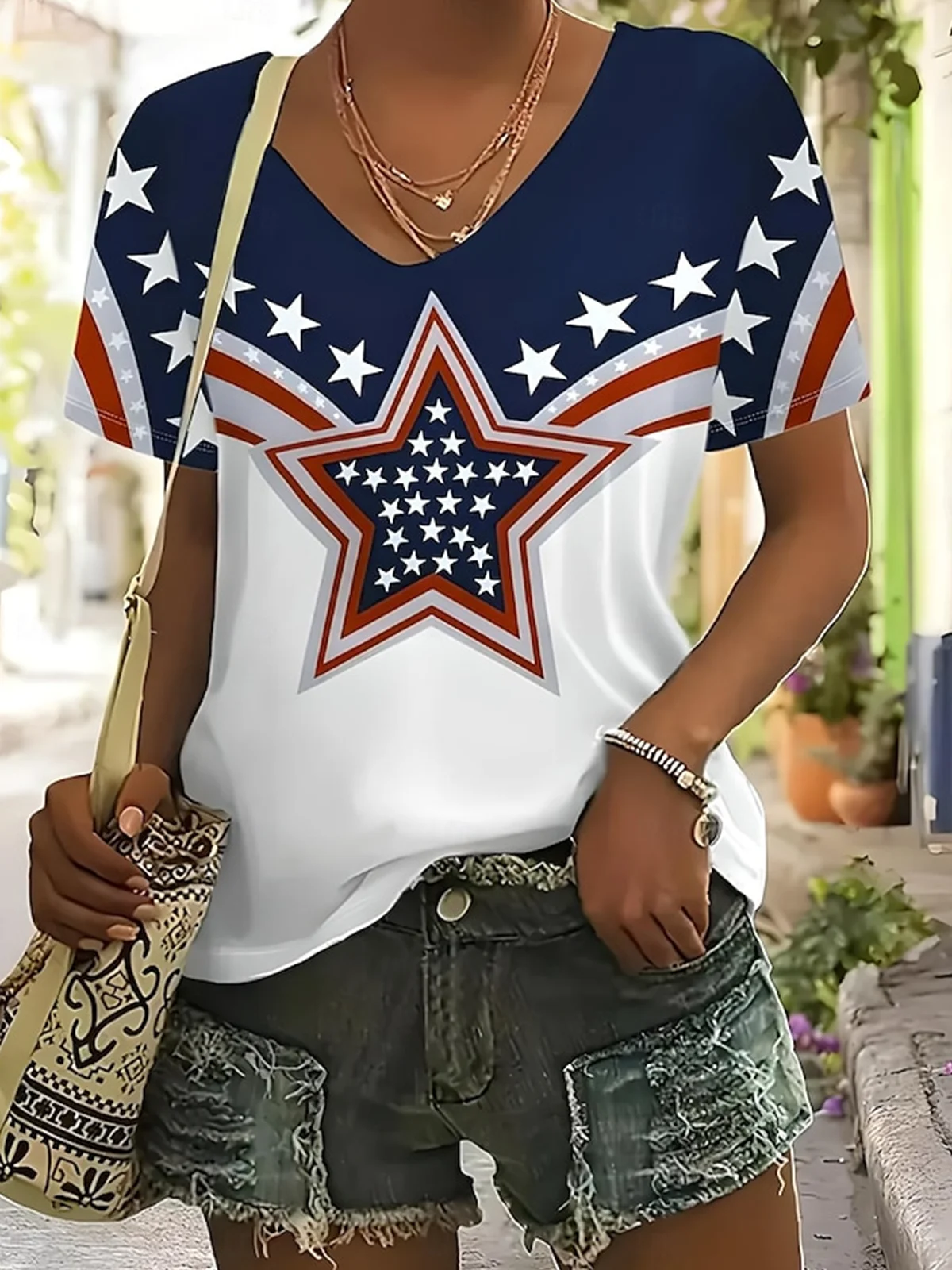 Women America Flag Short Sleeve Tee T-shirt V Neck Casual Summer Top