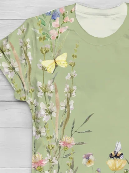 Women Floral Short Sleeve Tee T-shirt Crew Neck Printing Casual Summer Graphic Tee Top