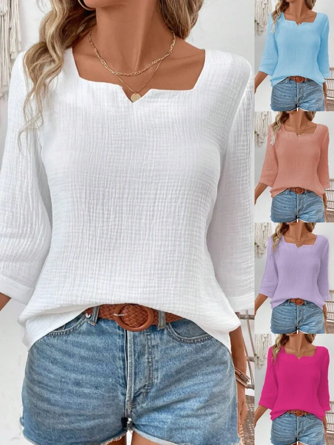 Women Plain Three Quarter Sleeve Blouse Spring/Fall Notched Holiday Casual Top