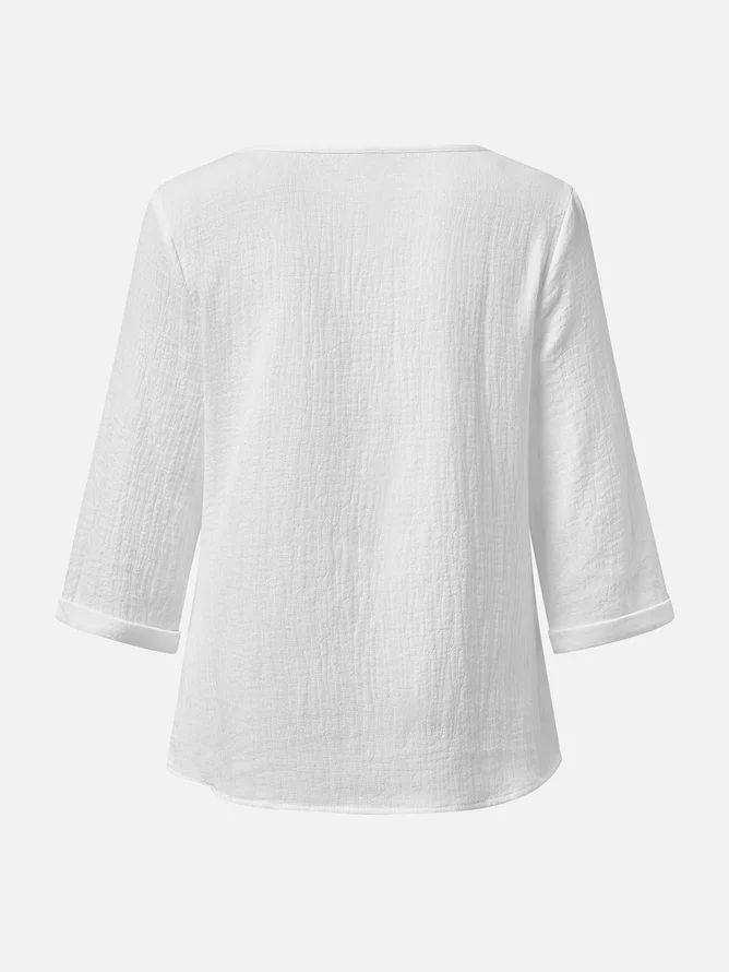 Women Plain Three Quarter Sleeve Blouse Spring/Fall Notched Holiday Casual Top