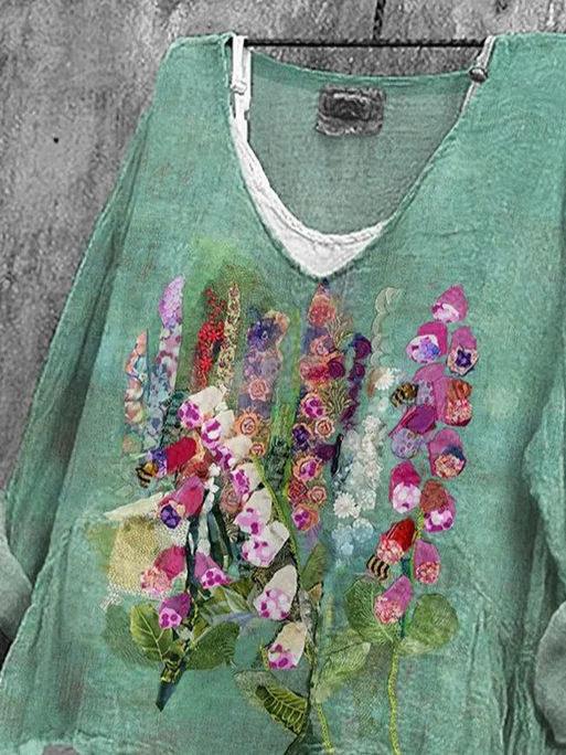Women Floral Long Sleeve Blouse Spring/Fall Printing V Neck Daily Casual Top