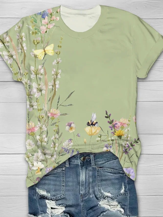 Women Floral Short Sleeve Tee T-shirt Crew Neck Printing Casual Summer Graphic Tee Top