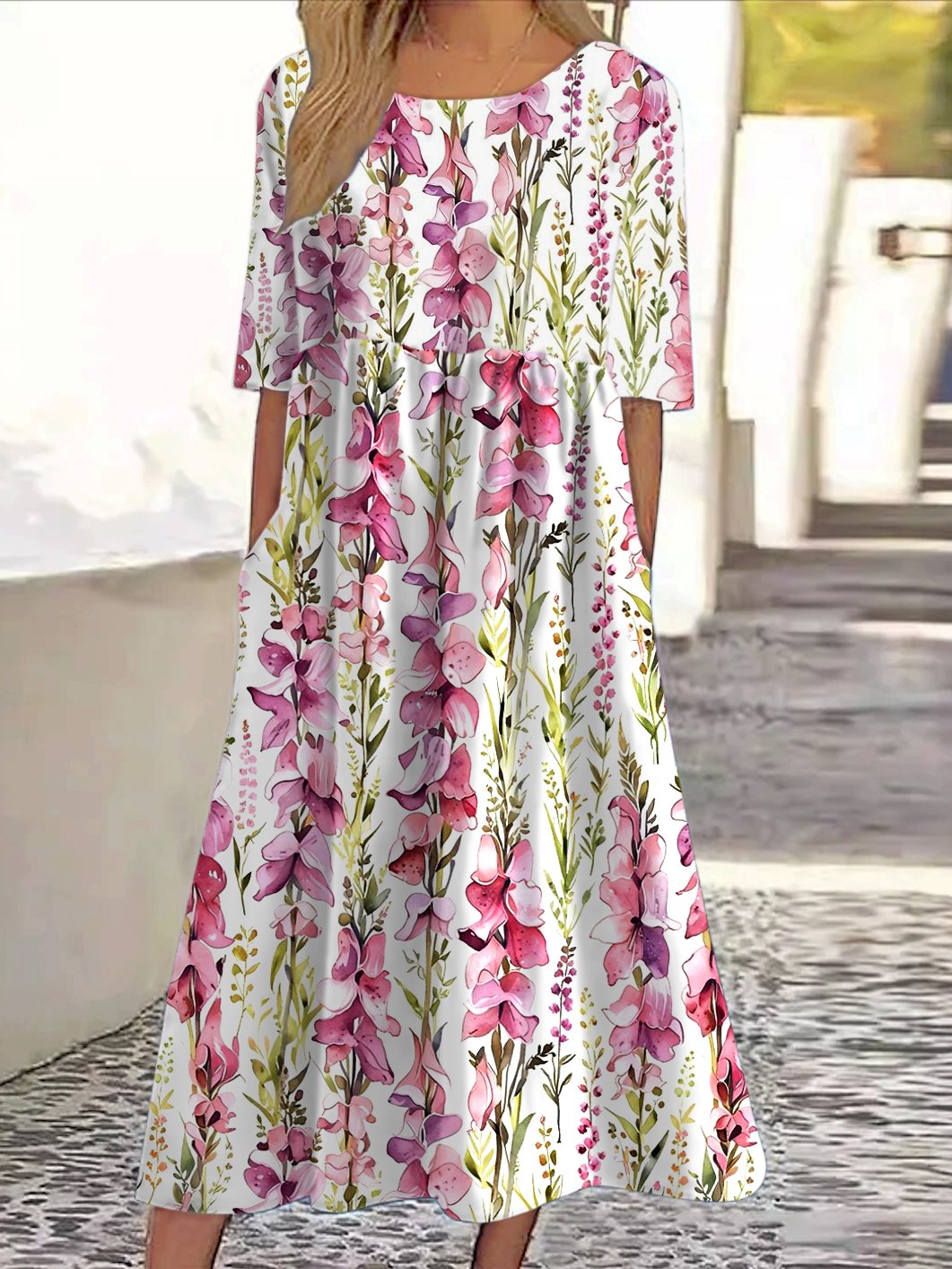 Women Floral Short Sleeve Summer Dress Crew Neck Daily Casual Maxi A-Line Dress