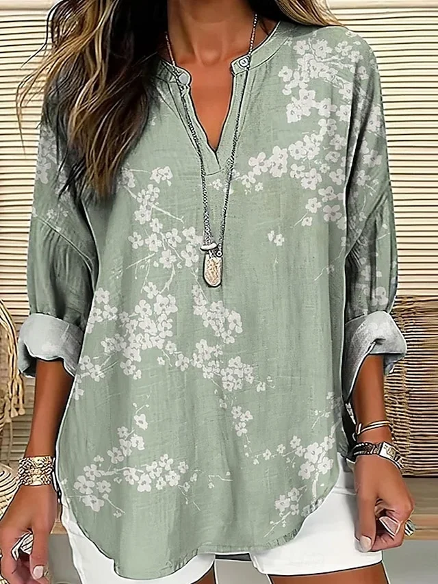 Women Floral Half Sleeve Blouse Summer Shawl Collar Daily Casual Top