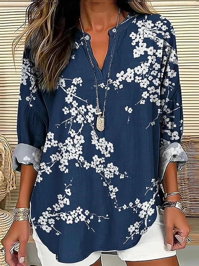 Women Floral Half Sleeve Blouse Summer Shawl Collar Daily Casual Top
