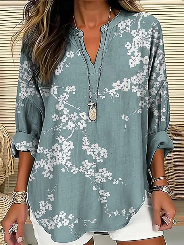 Women Floral Half Sleeve Blouse Summer Shawl Collar Daily Casual Top