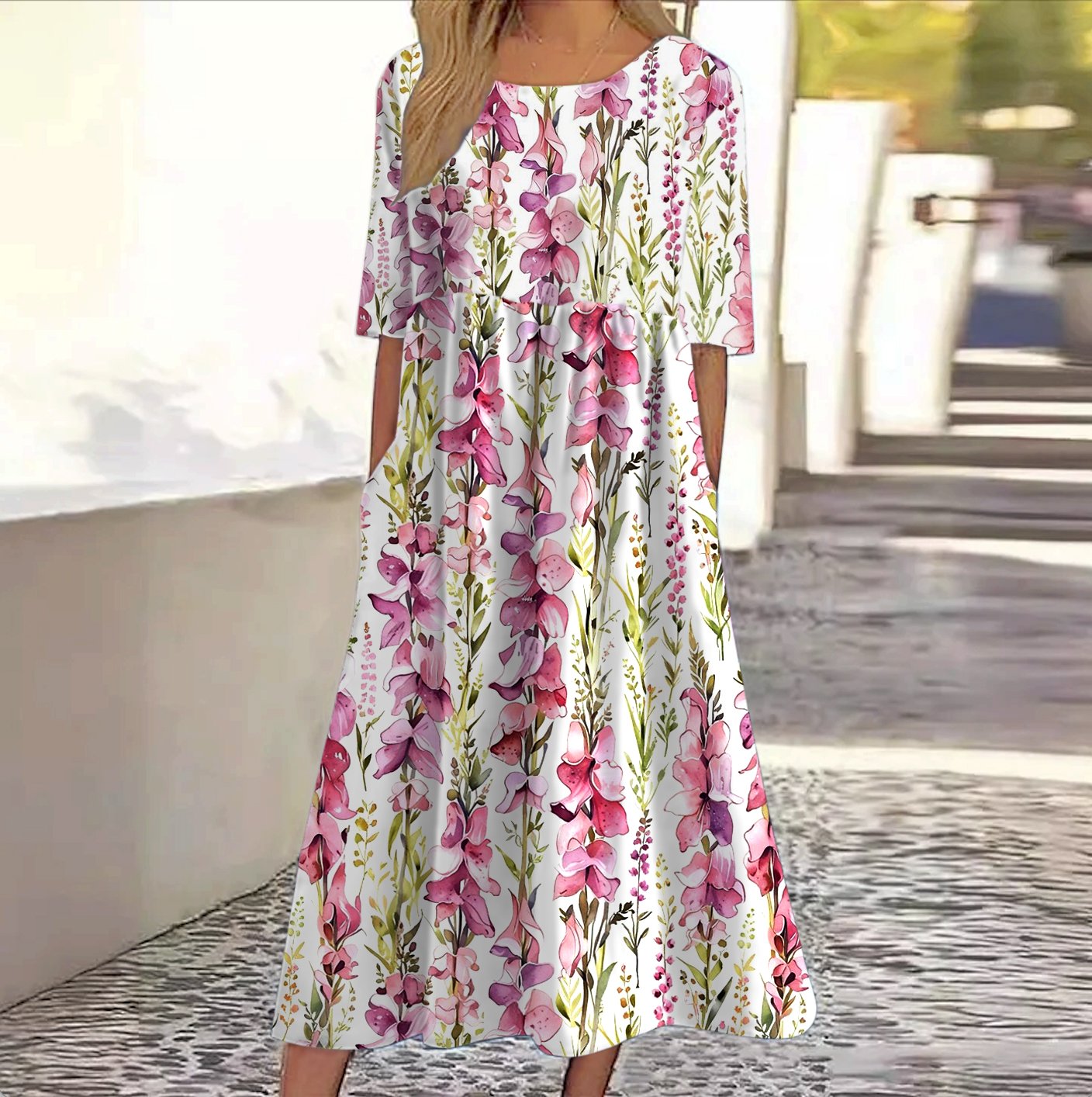 Women Floral Short Sleeve Summer Dress Crew Neck Daily Casual Maxi A-Line Dress