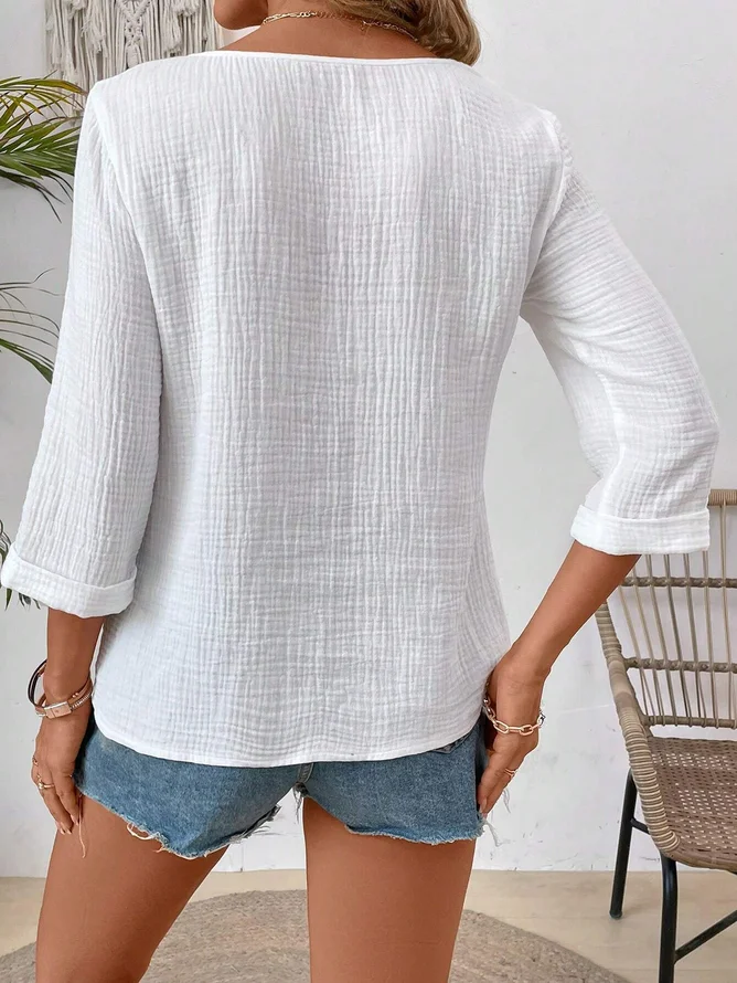 Women Plain Three Quarter Sleeve Blouse Spring/Fall Notched Holiday Casual Top