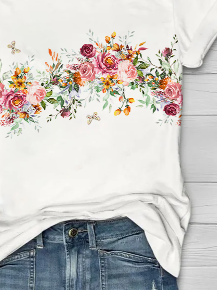 Women Floral Short Sleeve Tee T-shirt Crew Neck Printing Casual Summer Graphic Tee Top