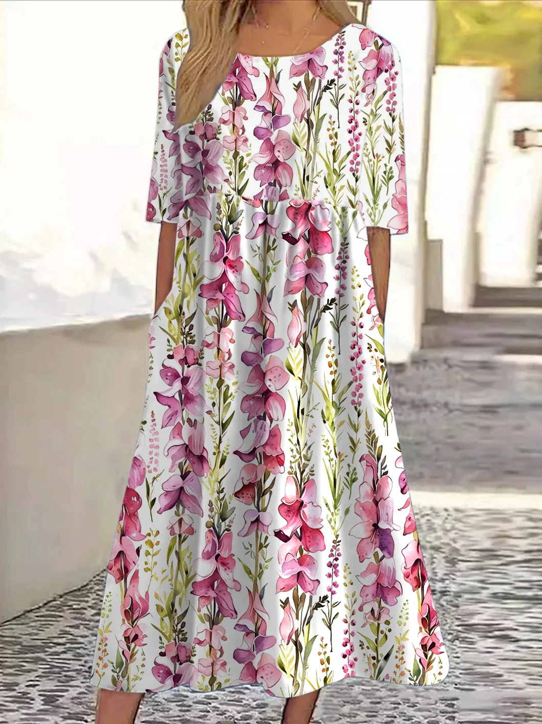 Women Floral Short Sleeve Summer Dress Crew Neck Daily Casual Maxi A-Line Dress