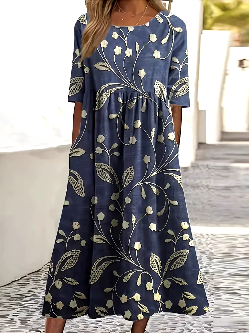 Women Floral Short Sleeve Summer Dress Crew Neck Daily Casual Maxi A-Line Dress