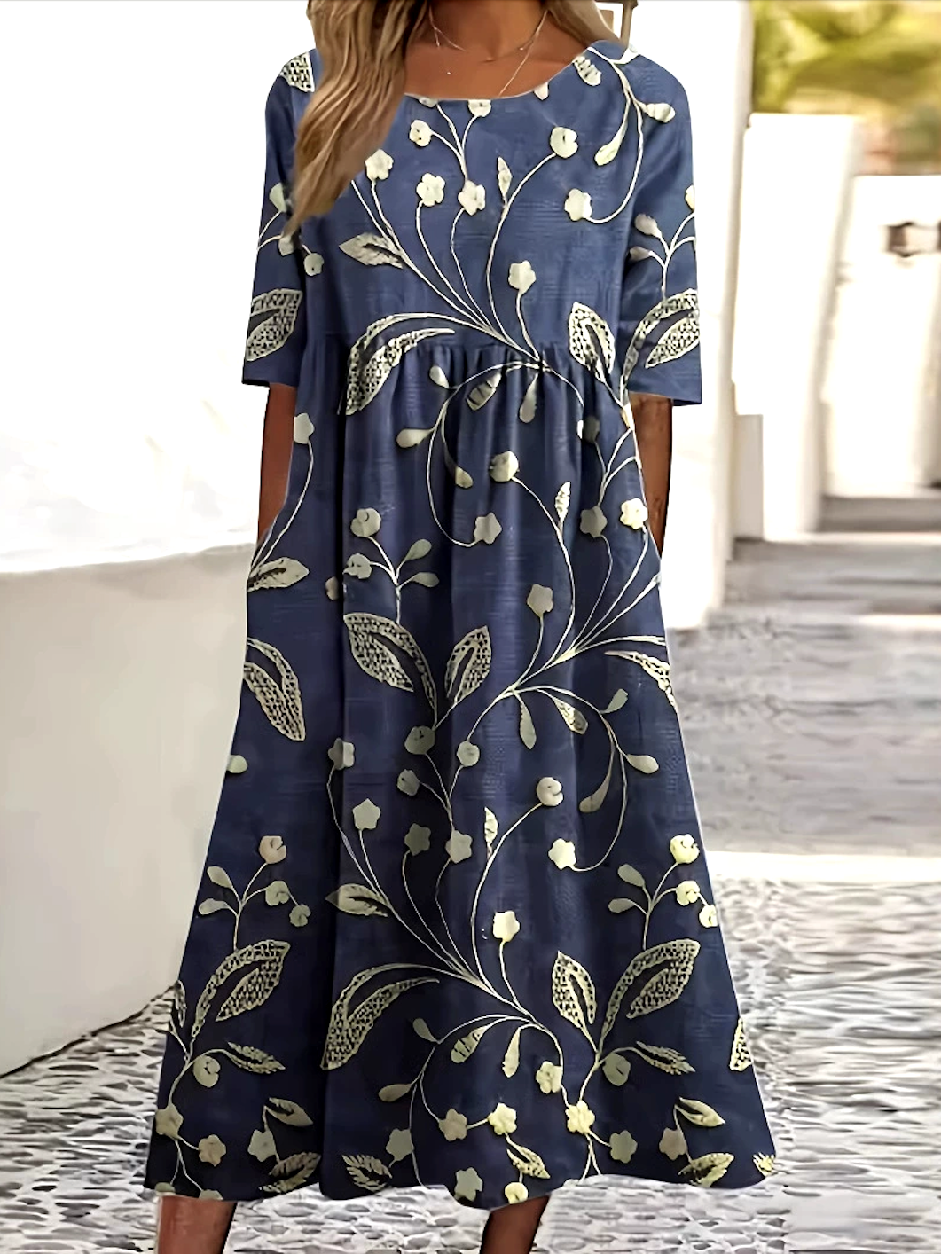 Women Floral Short Sleeve Summer Dress Crew Neck Daily Casual Maxi A-Line Dress