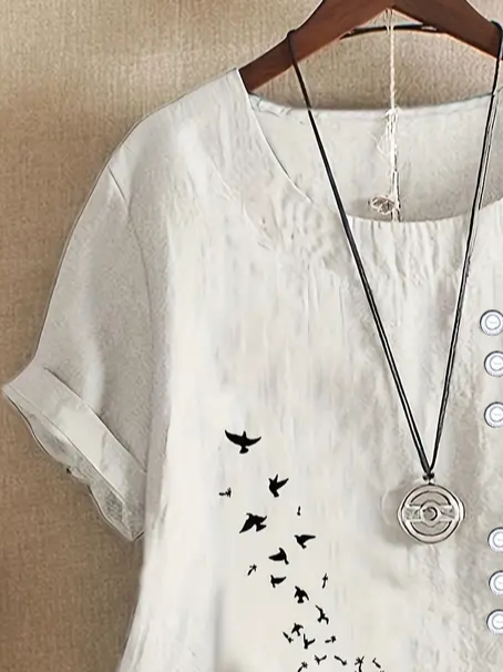 Women Floral Short Sleeve Shirt Summer Printing Crew Neck Daily Casual Top