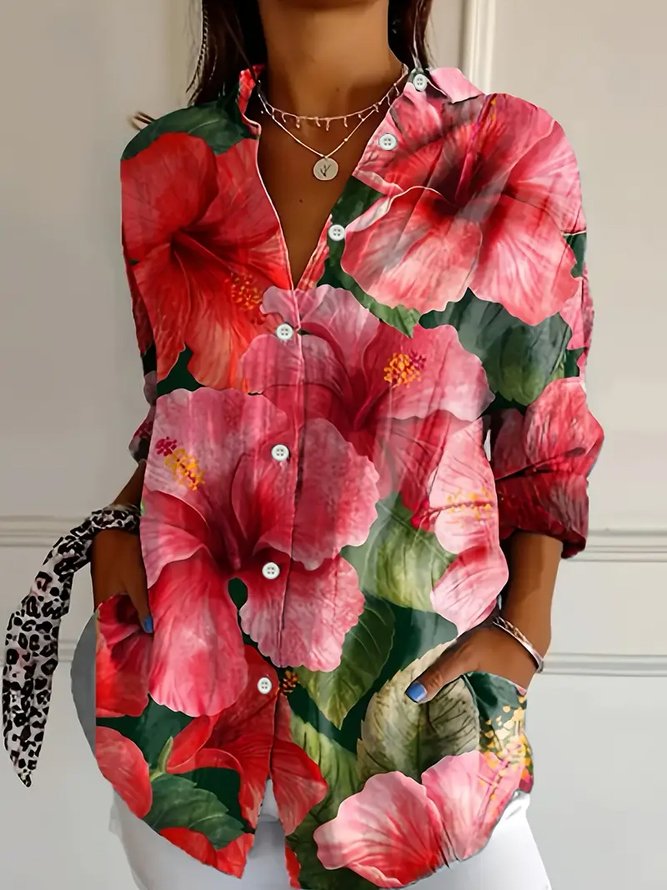 Women's Long Sleeve Shirt Spring/Fall Floral Buckle Shirt Collar Daily Going Out Casual Top