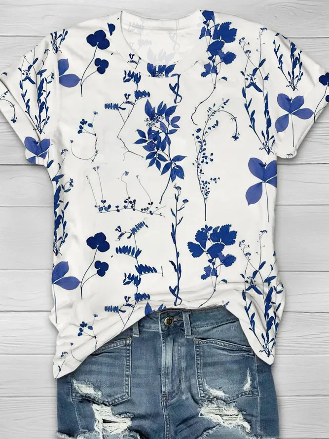 Women Floral Short Sleeve Tee T-shirt Crew Neck Printing Casual Summer Graphic Tee Top