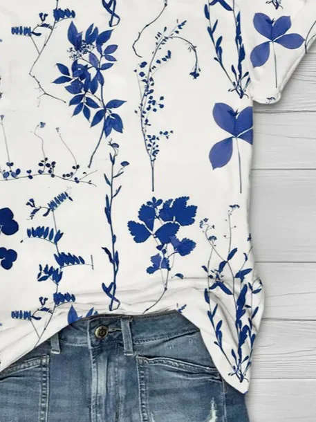 Women Floral Short Sleeve Tee T-shirt Crew Neck Printing Casual Summer Graphic Tee Top
