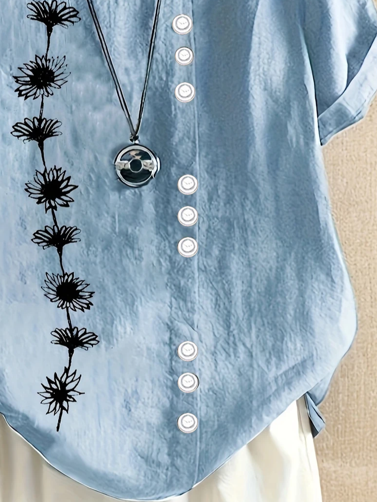 Women Floral Short Sleeve Shirt Summer Printing Crew Neck Daily Casual Top