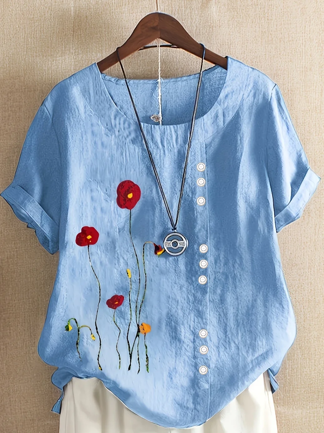 Women Floral Short Sleeve Shirt Summer Printing Crew Neck Daily Casual Top