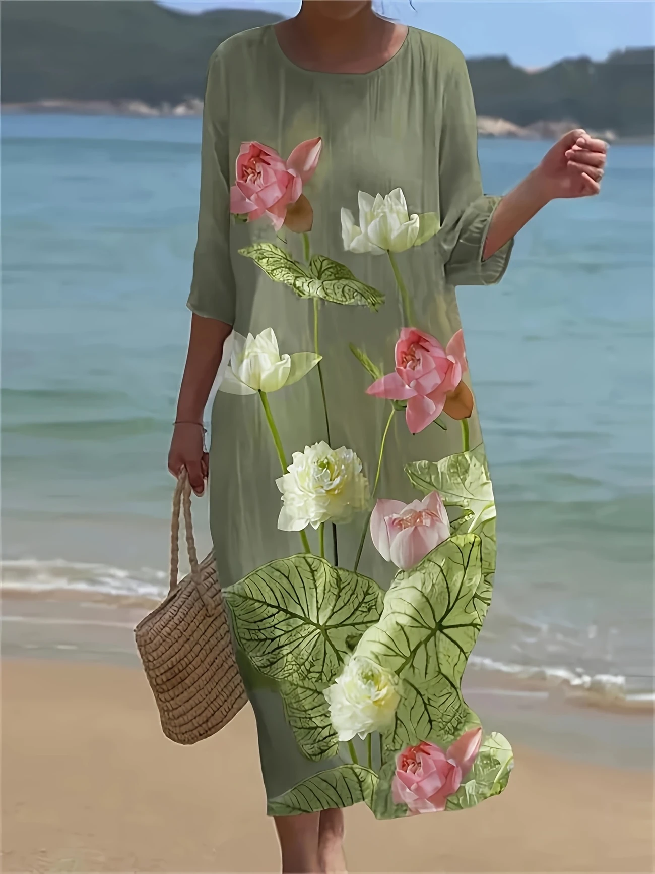 Women Floral Half Sleeve Summer Printing Dress Crew Neck Daily Casual Maxi H-Line Dress