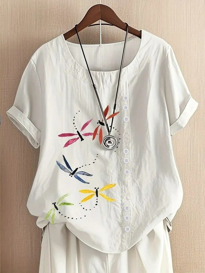 Women Dragonfly Half Sleeve Blouse Summer Crew Neck Daily Casual Top