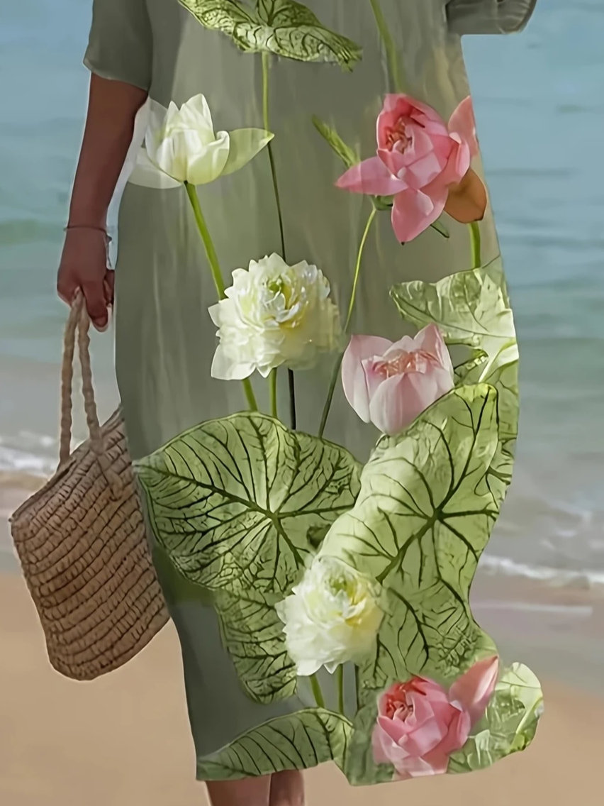 Women Floral Half Sleeve Summer Printing Dress Crew Neck Daily Casual Maxi H-Line Dress