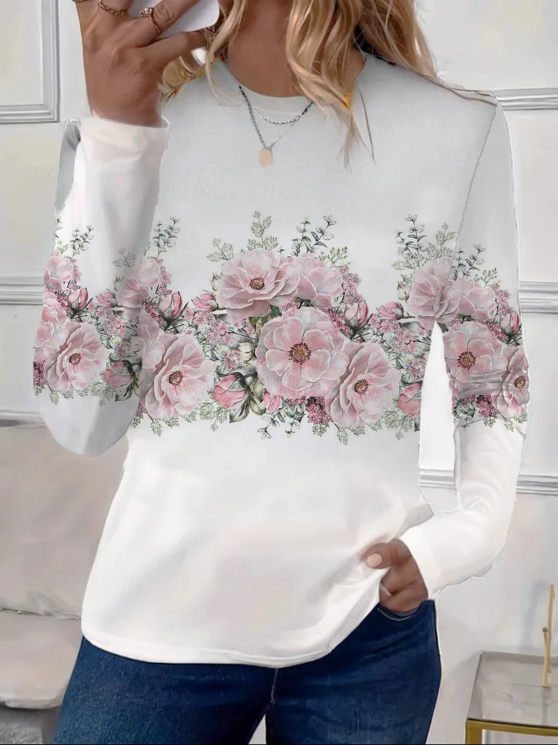 Women Floral Long Sleeve Tee T-shirt Crew Neck Printing Casual Spring/Fall Graphic Tee Top