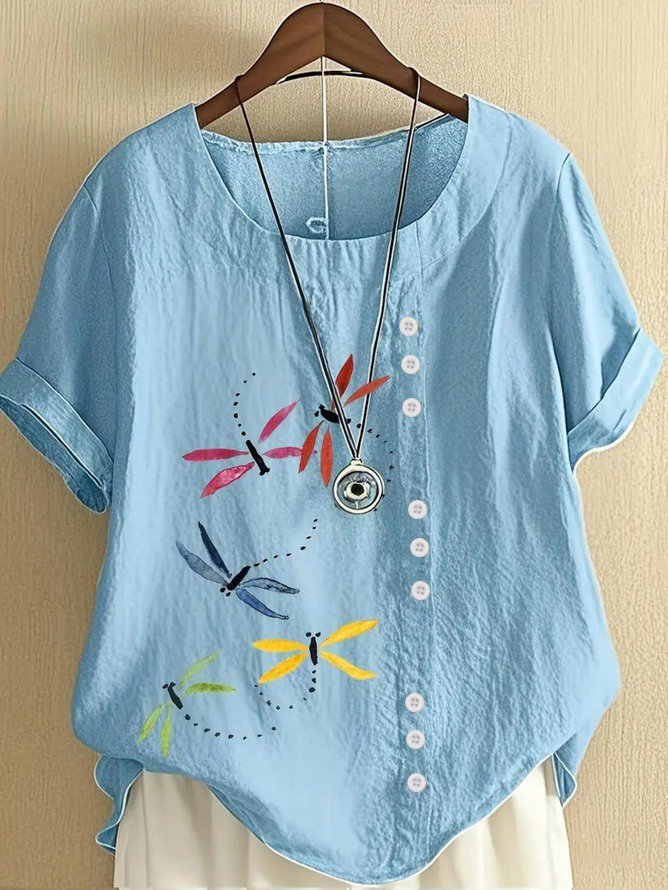 Women Dragonfly Half Sleeve Blouse Summer Crew Neck Daily Casual Top