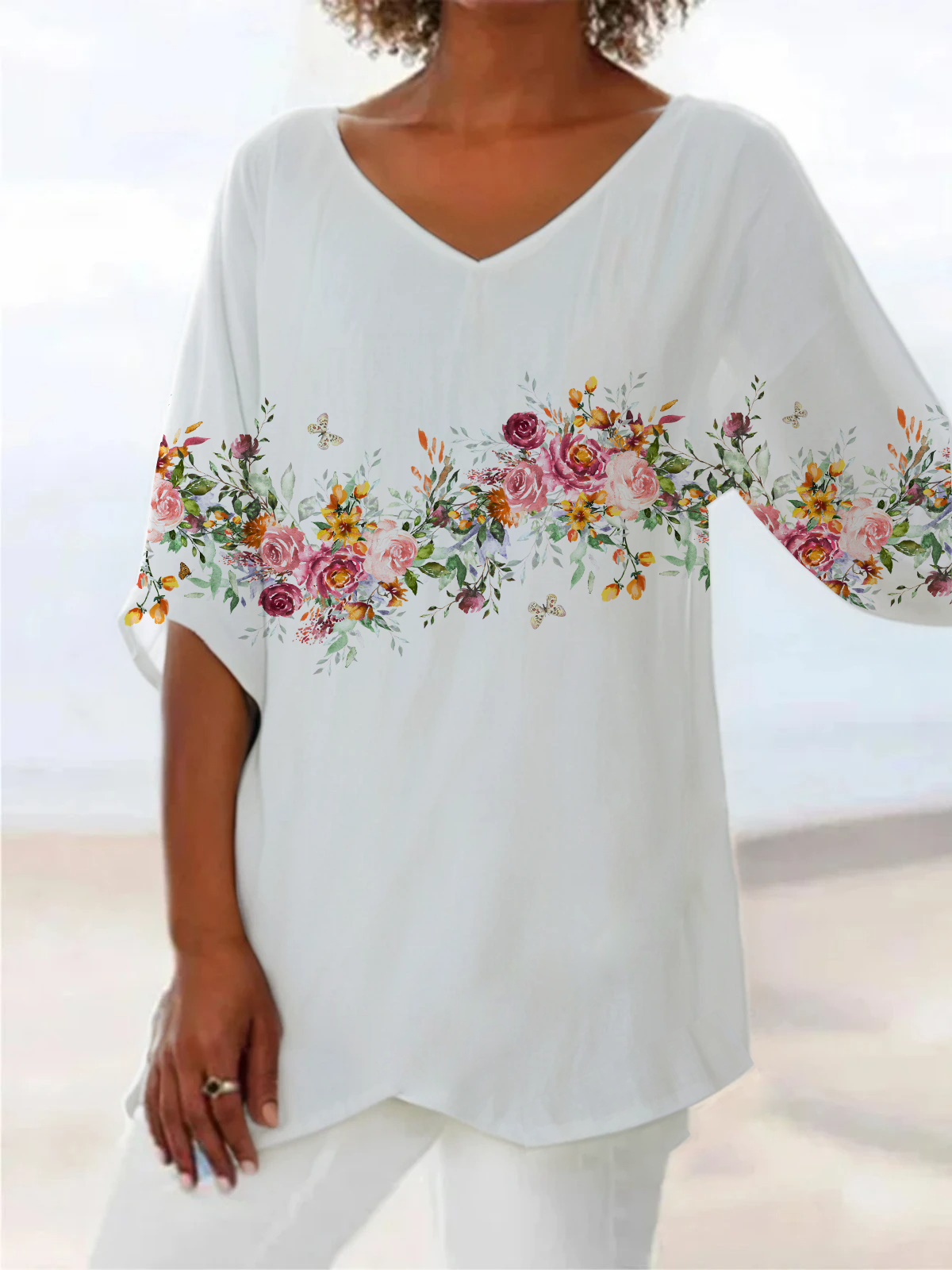 Women Floral Short Sleeve Shirt Summer Printing V Neck Daily Casual Top