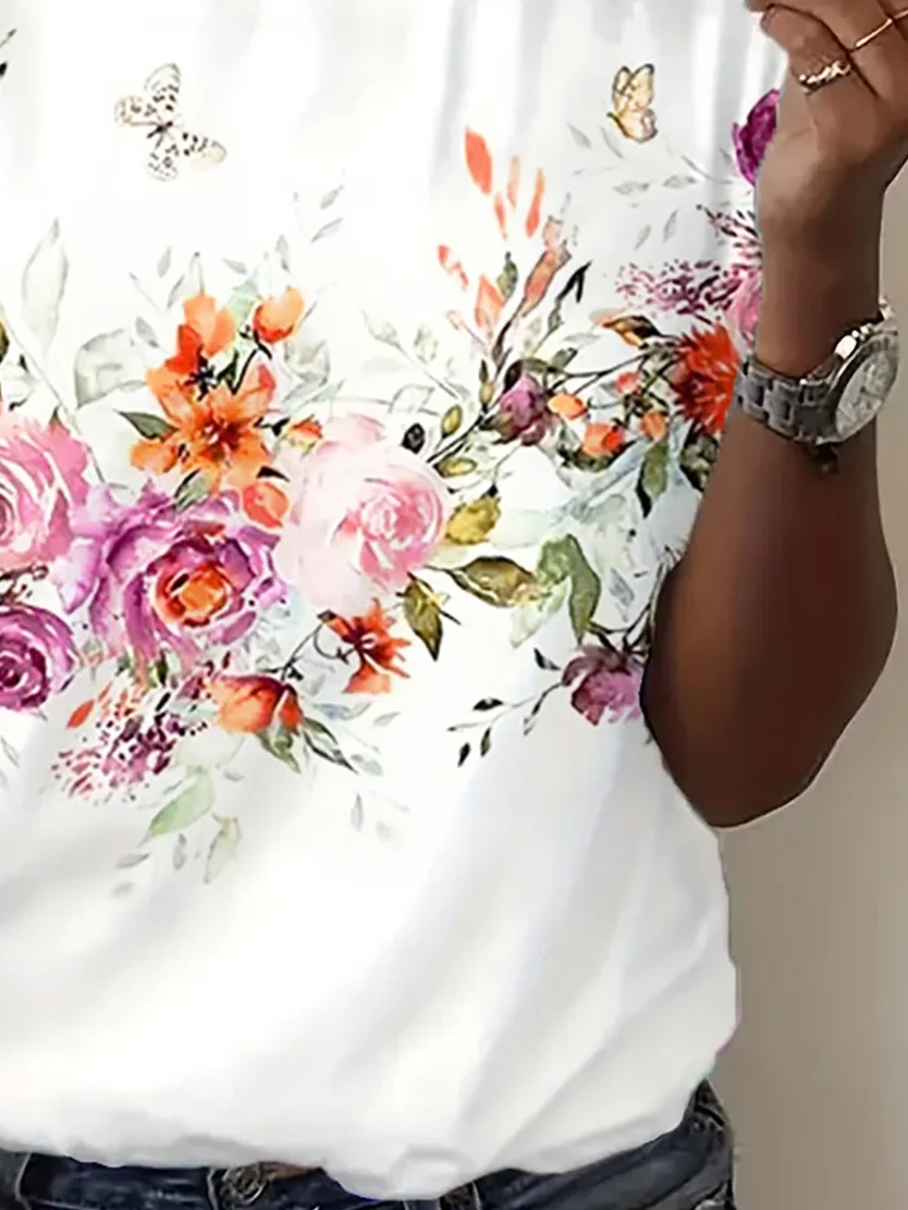 Women Floral Short Sleeve Tee T-shirt Crew Neck Printing Casual Summer Graphic Tee Top