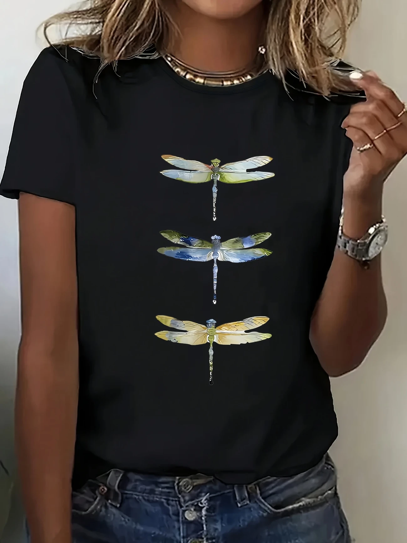 Women Dragonfly Short Sleeve Tee T-shirt Crew Neck Printing Casual Summer Graphic Tee Top