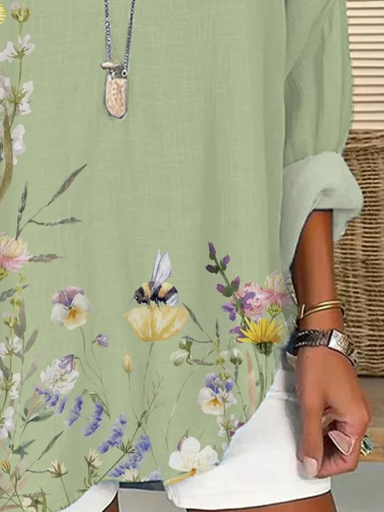 Women Floral Long Sleeve Blouse Spring/Fall Printing V Neck Daily Casual Top