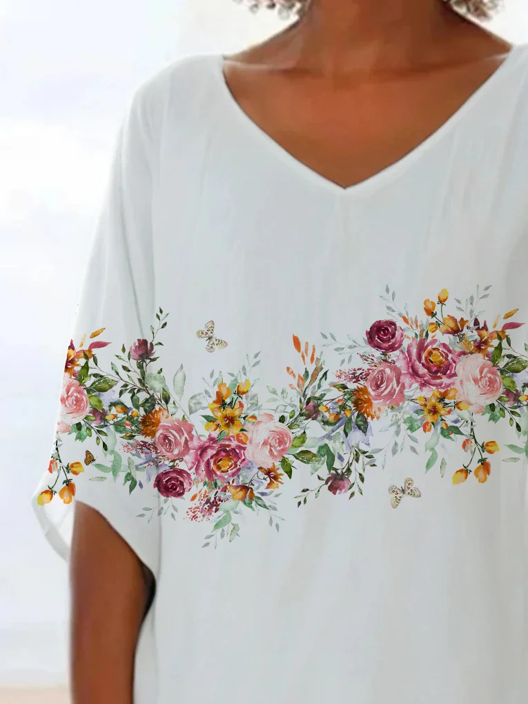 Women Floral Short Sleeve Shirt Summer Printing V Neck Daily Casual Top