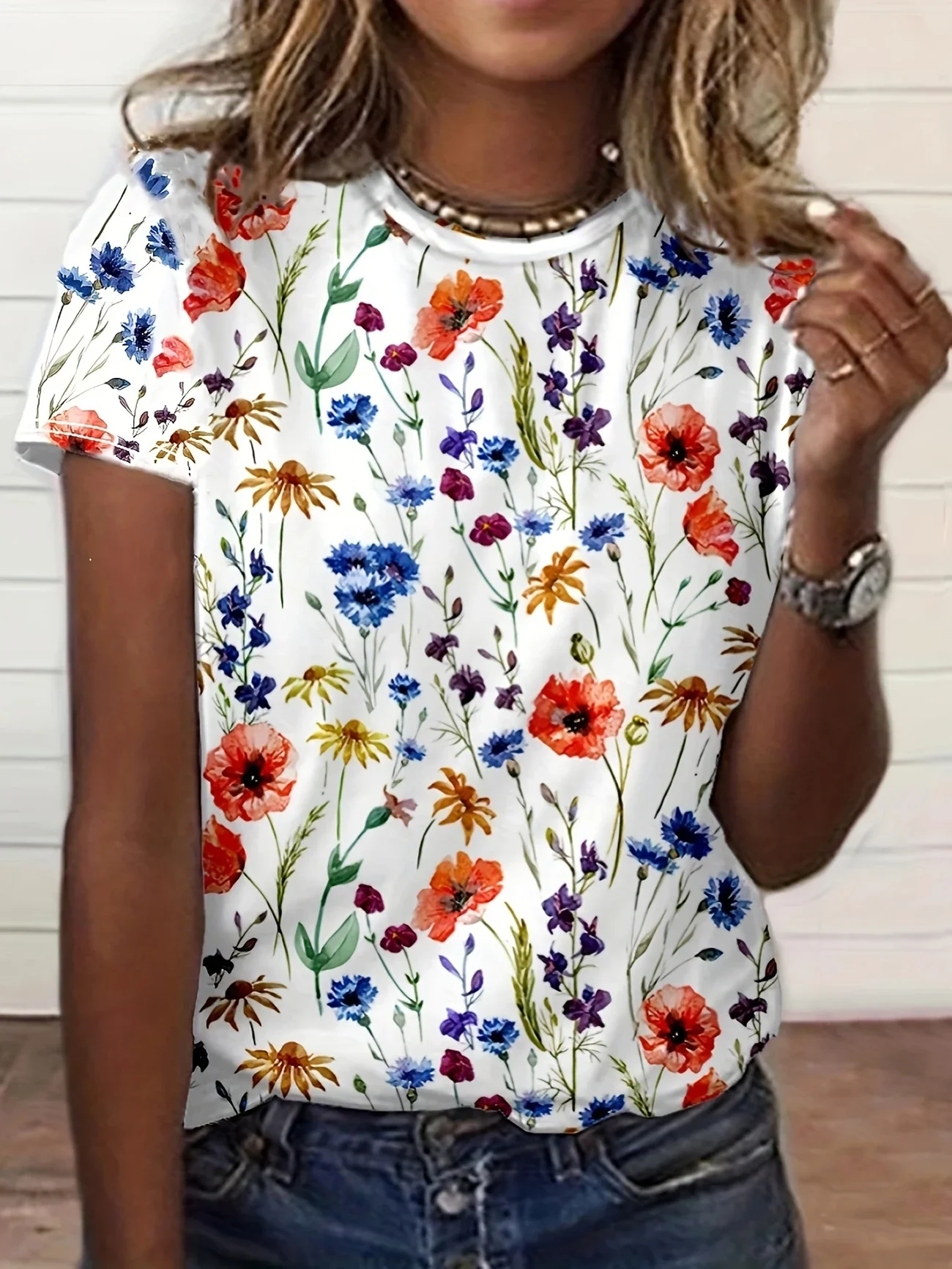Women Floral Short Sleeve Tee T-shirt Crew Neck Printing Casual Summer Graphic Tee Top