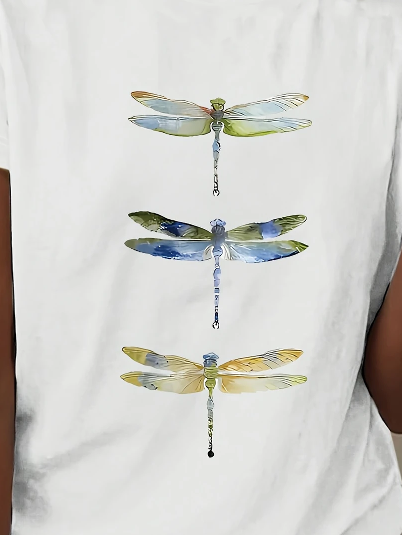 Women Dragonfly Short Sleeve Tee T-shirt Crew Neck Printing Casual Summer Graphic Tee Top