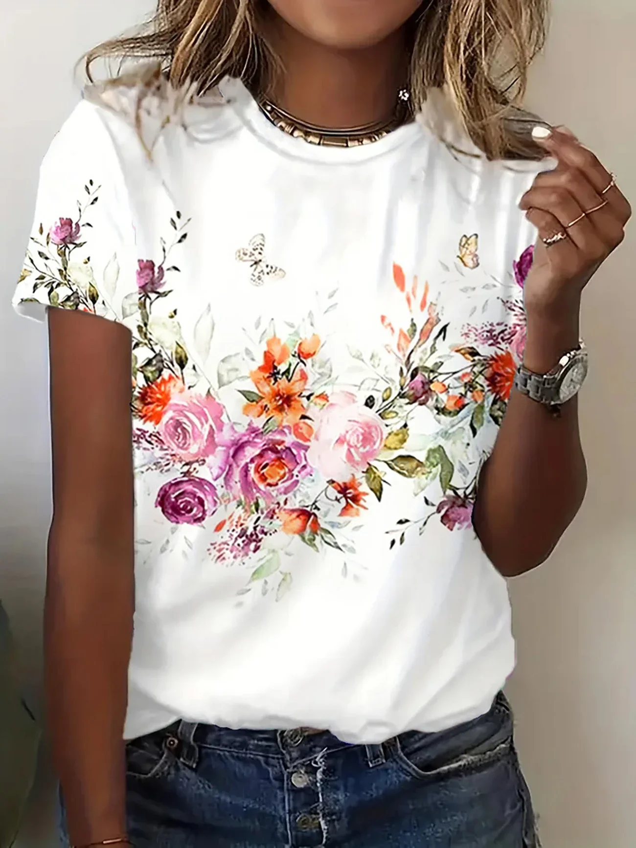 Women Floral Short Sleeve Tee T-shirt Crew Neck Printing Casual Summer Graphic Tee Top