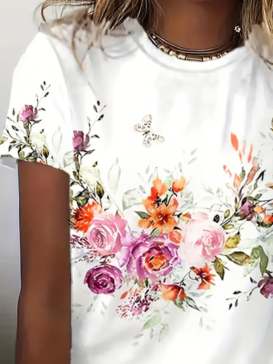 Women Floral Short Sleeve Tee T-shirt Crew Neck Printing Casual Summer Graphic Tee Top