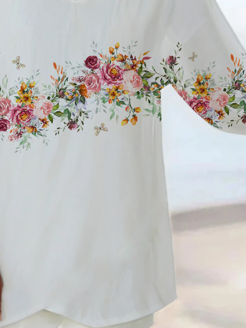 Women Floral Short Sleeve Shirt Summer Printing V Neck Daily Casual Top