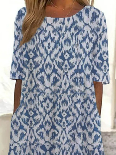 Women Floral Short Sleeve Summer Printing Dress Crew Neck Daily Casual Maxi Shift Dress H-Line Dress