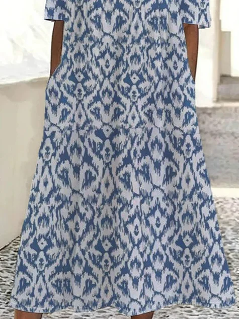 Women Floral Short Sleeve Summer Printing Dress Crew Neck Daily Casual Maxi Shift Dress H-Line Dress