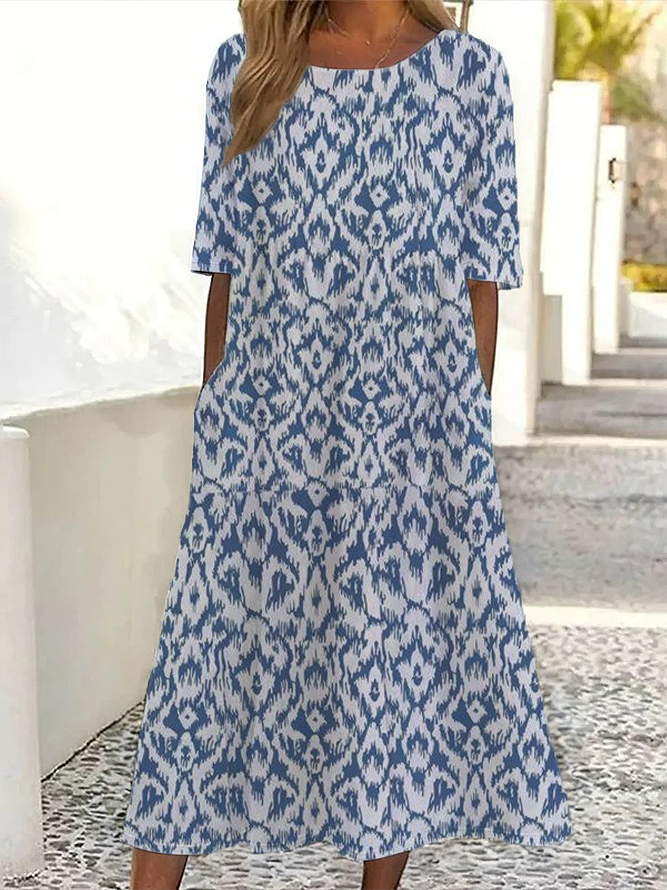 Women Floral Short Sleeve Summer Printing Dress Crew Neck Daily Casual Maxi Shift Dress H-Line Dress